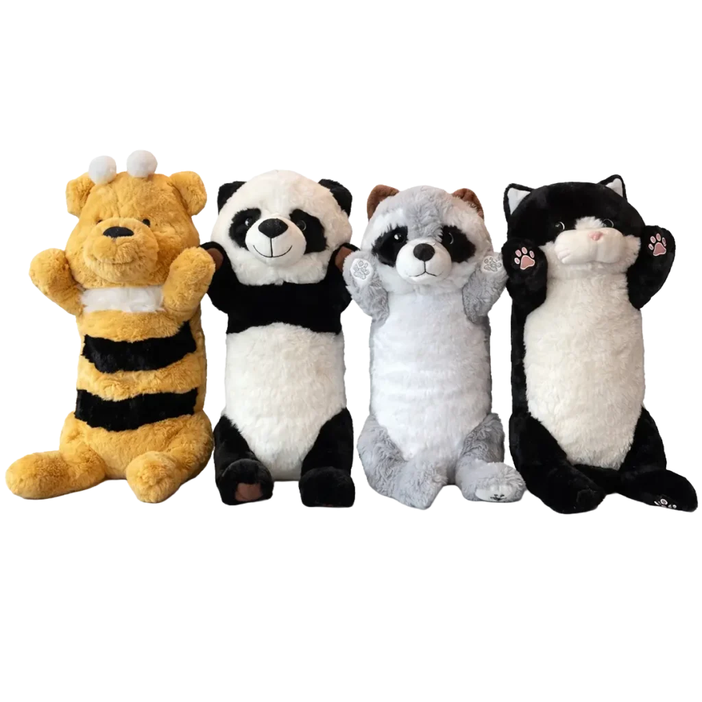 Set of four plush animals including a bee, panda, raccoon, and black-and-white cat, all sitting upright with raised paws on a white background.