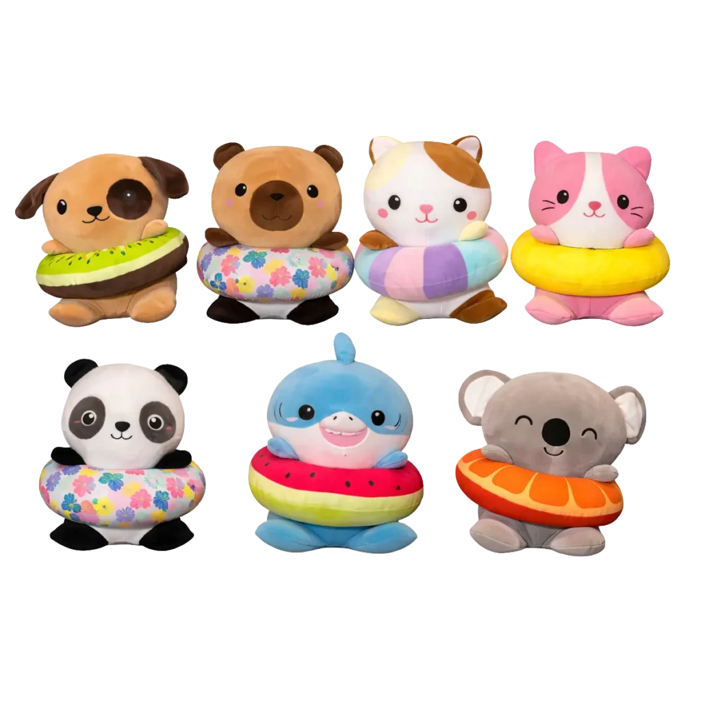 Seven assorted plush animals with colorful swim rings including dog, capybara, panda, cat, kitten, dolphin and koala arranged in two rows on a white background