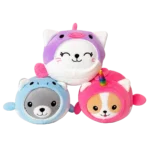 Three round plush animals stacked together: a purple cat on top, a blue animal on the left, and a pink unicorn on the right, all on a white background.