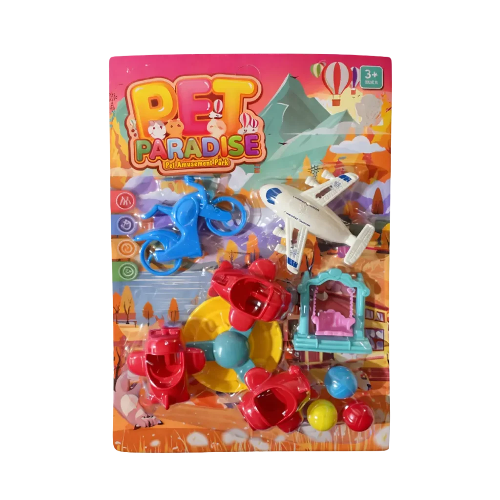 Pet Paradise toy playset with dolphin ride, toy airplane, pet carriers and small accessories in colorful blister packaging labeled “Pet Amusement Park”.