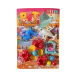 Pet Paradise toy playset with dolphin ride, toy airplane, pet carriers and small accessories in colorful blister packaging labeled “Pet Amusement Park”.