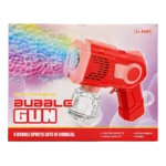 Bubble gun toy packaging with red automatic bubble blaster, rainbow bubble effect, and transparent refill bottle displayed on the box