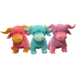 Three plush bull toys in red, blue, and purple colors, sitting side by side on a clean white background.