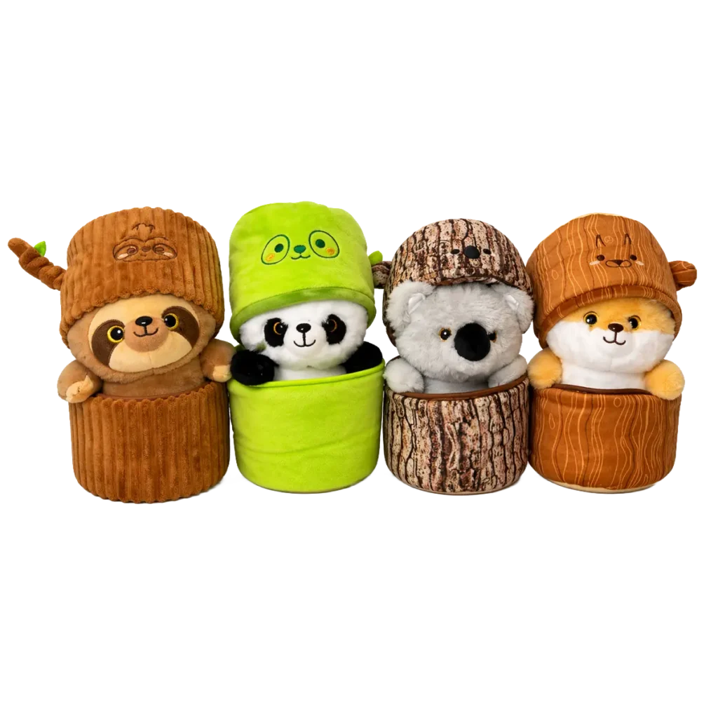 Wildlands plush 4 assorted animals in tree trunk design 20cm on white background