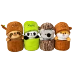 Wildlands plush 4 assorted animals in tree trunk design 20cm on white background