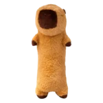 Brown plush capybara toy with soft fur, darker snout, and small ears, standing upright on a clean white background.
