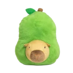 Green avocado-shaped plush toy with a capybara face on the front, featuring a soft texture and leaf detail on top, placed on a white background.