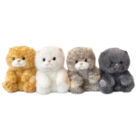 Set of four plush cat toys in different colors including ginger, white, light grey, and dark grey, sitting upright on a white background.