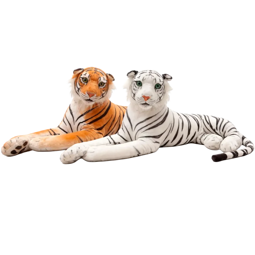 Two realistic plush tigers lying side by side on a white background, one orange tiger and one white tiger with black stripes