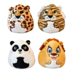 Set of four plush animal toys (leopard, tiger, panda and lion) arranged in two rows on white background