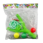 Toy slingshot set with green plastic slingshot, three colorful balls, and small target game in clear retail bag packaging.