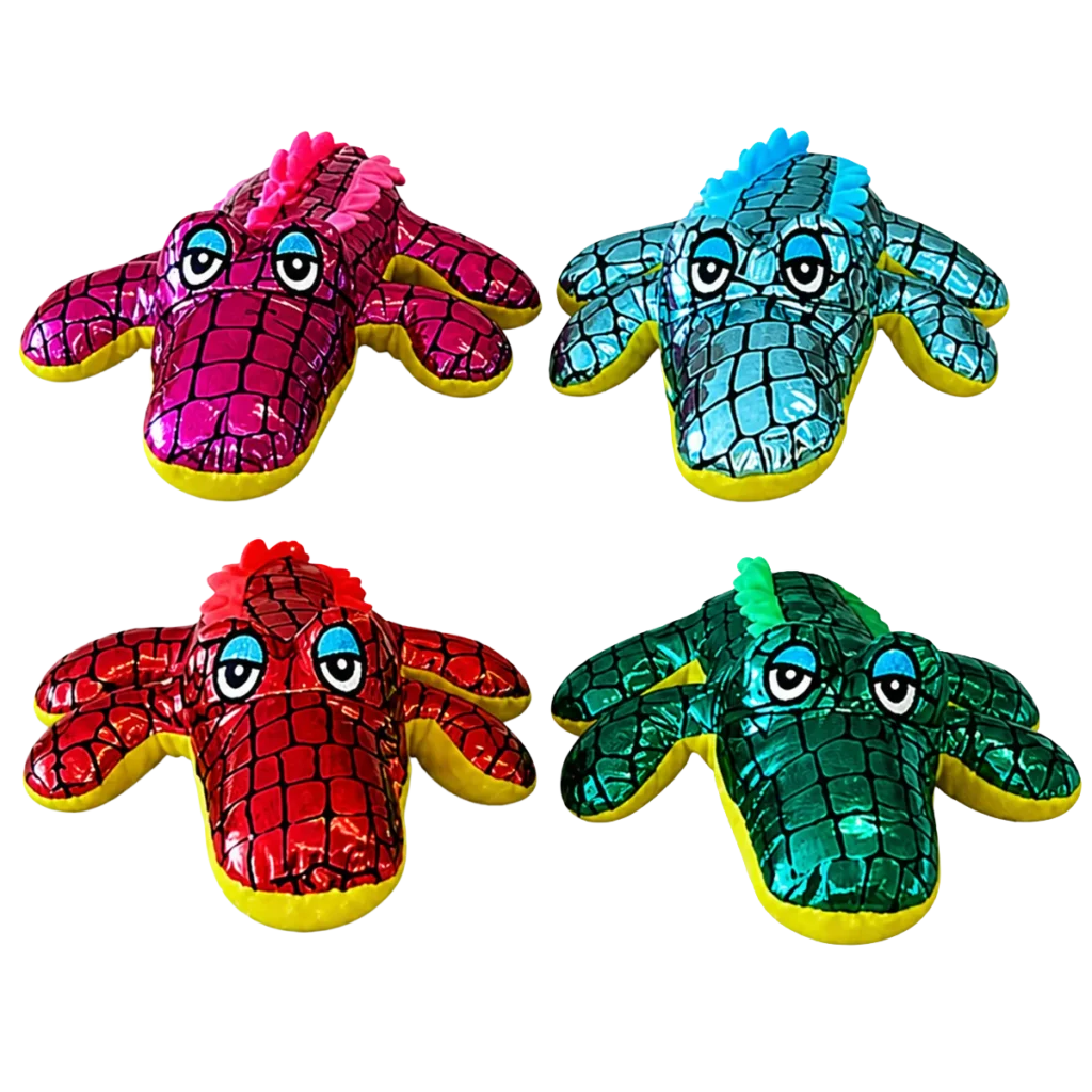 Four assorted crocodile plush toys in pink, blue, red, and green with shiny scale pattern arranged in two rows on white background