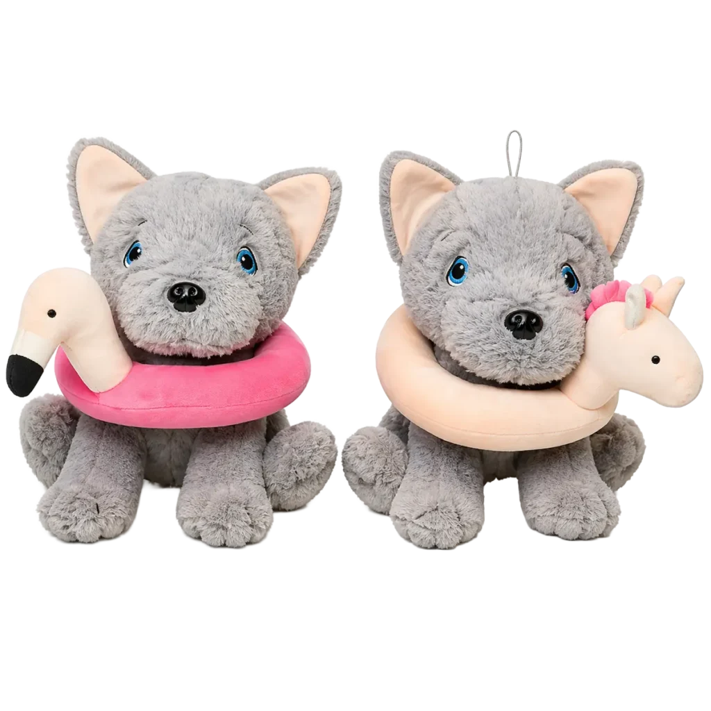 2 assorted grey dog plush with flamingo and unicorn swim ring 20cm on white background