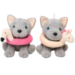 2 assorted grey dog plush with flamingo and unicorn swim ring 20cm on white background