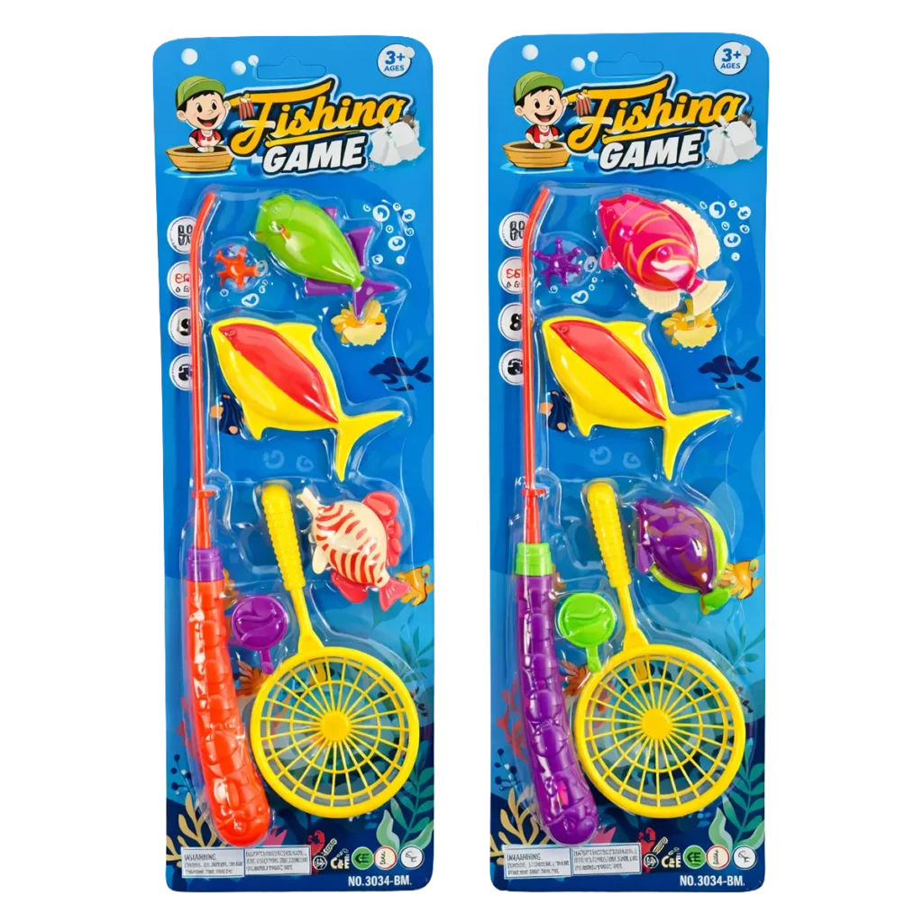 Fishing game toy set with fishing rod, colorful fish toys, and net in blister packaging.