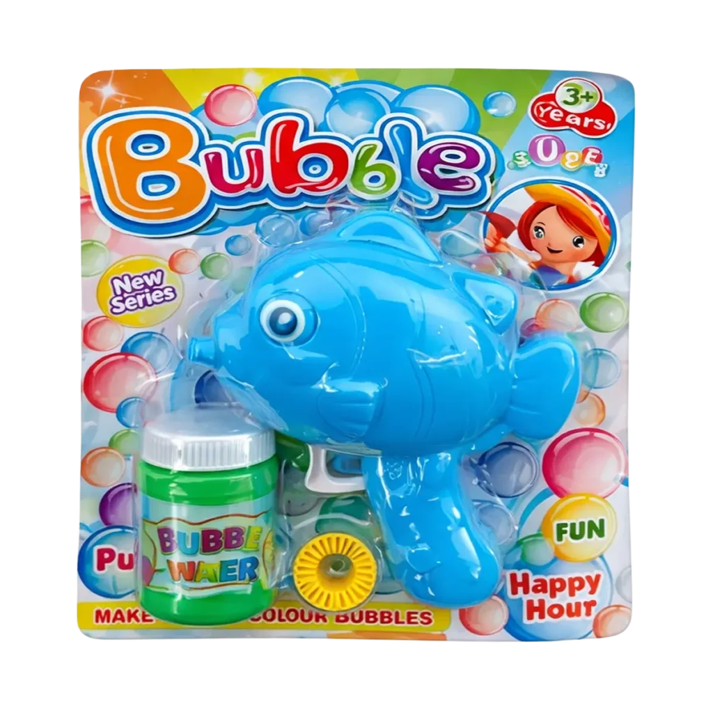 Bubble toy set with blue fish-shaped bubble blower and bubble solution bottle in colorful retail packaging labeled “Bubble”.