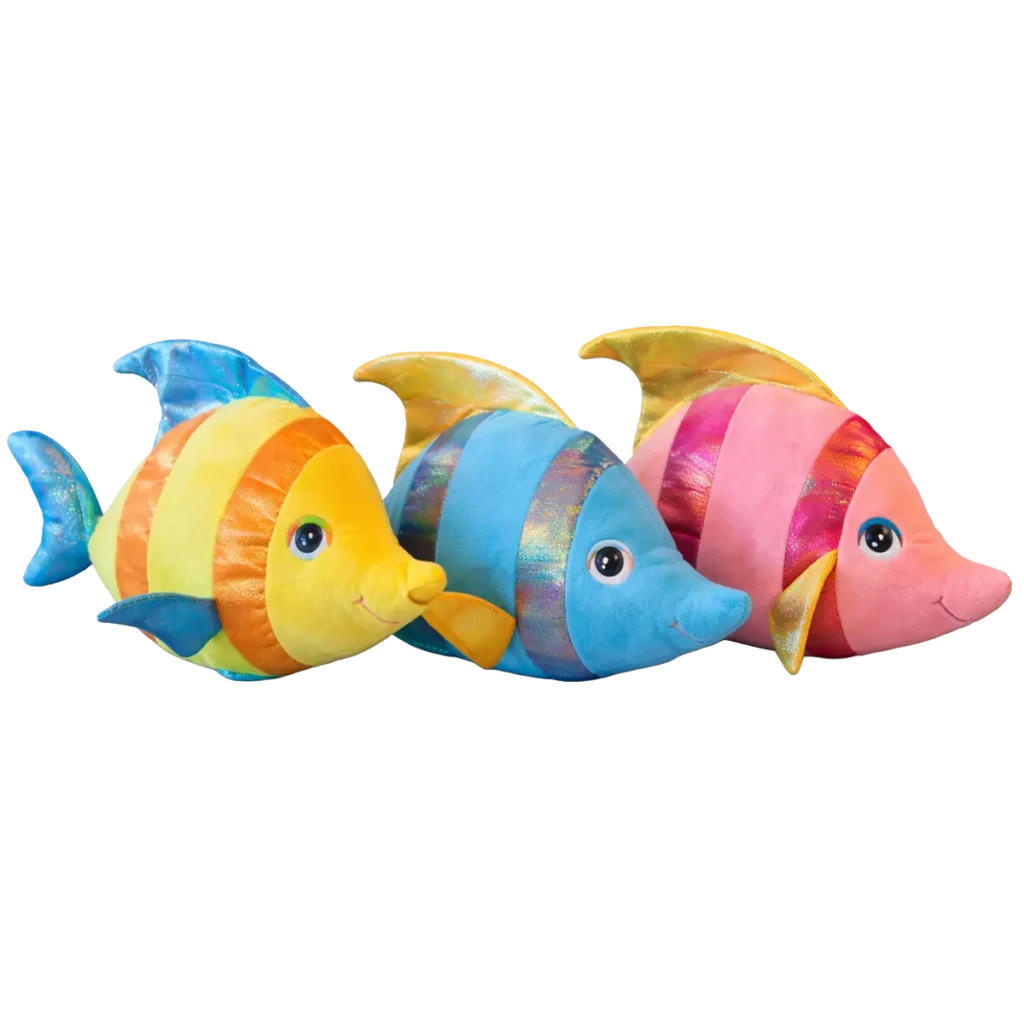 Three colourful plush tropical fish toys with metallic stripes in yellow, blue, and pink, arranged in a curved pose on a white background