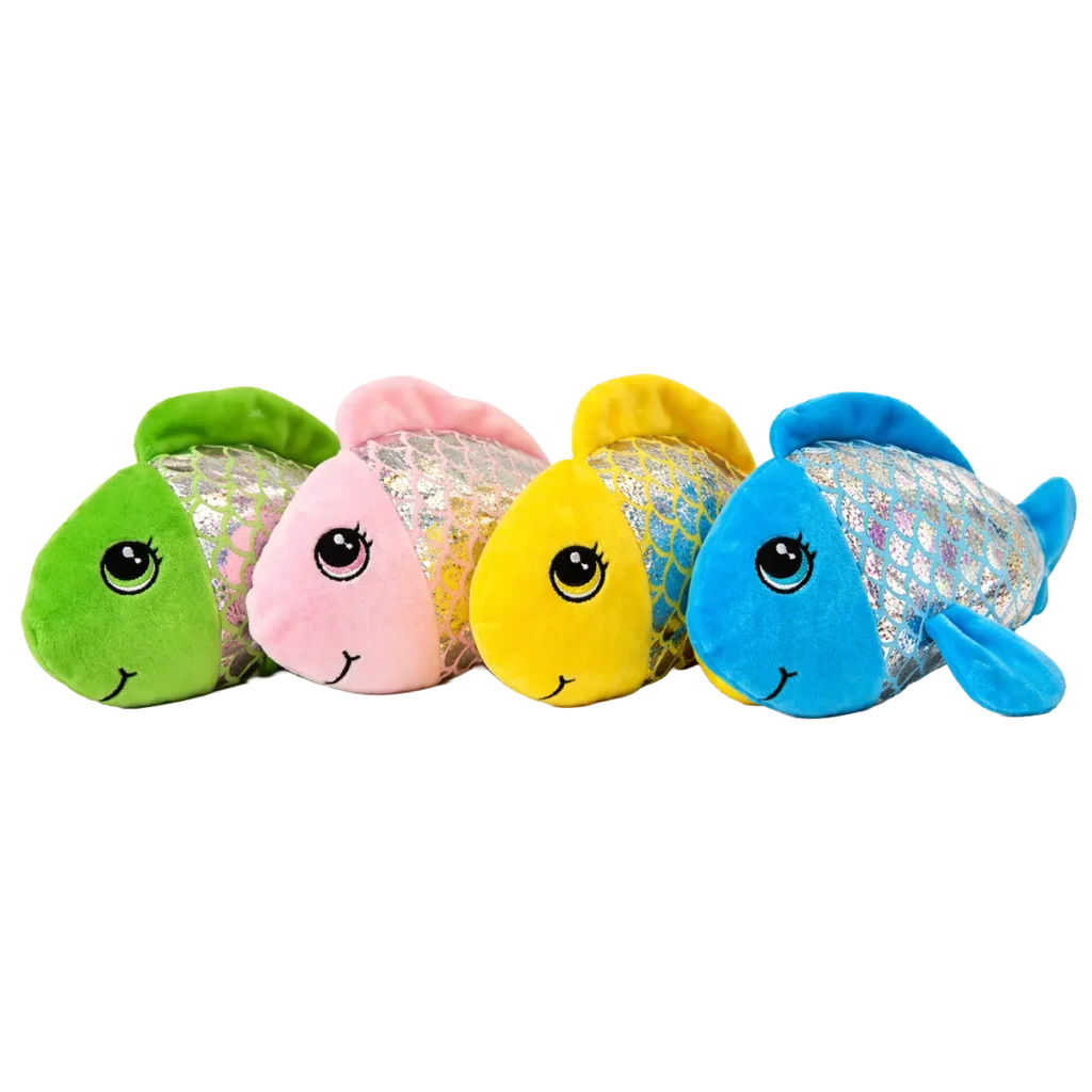 Four colorful plush fish (green, pink, yellow, and blue) with shiny scale patterns, soft fabric, and friendly faces displayed on a white background.
