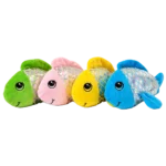 Four colorful plush fish (green, pink, yellow, and blue) with shiny scale patterns, soft fabric, and friendly faces displayed on a white background.