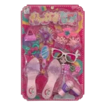 Pretty Girl beauty playset with toy hairdryer, mirror, combs, sunglasses, handbag, and dress-up accessories on pink retail packaging.