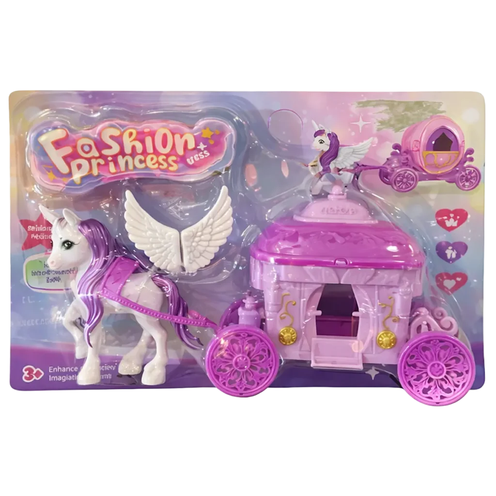 Fashion Princess toy playset with winged unicorn and pink princess carriage in colorful blister packaging.