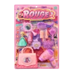 Rouge beauty toy playset with doll, mirror, comb, toy hairdryer, handbag and princess accessories in pink blister packaging.