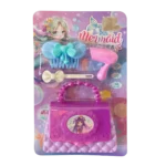 Mermaid beauty toy set with bow hair comb, hair clip, toy hairdryer and pink handbag in mermaid-themed blister packaging.