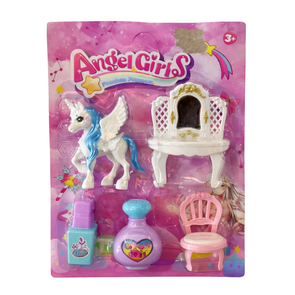 Angel Girls toy playset with winged unicorn, vanity mirror table, chair and beauty accessories in pink blister packaging.