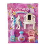 Angel Girls toy playset with winged unicorn, vanity mirror table, chair and beauty accessories in pink blister packaging.