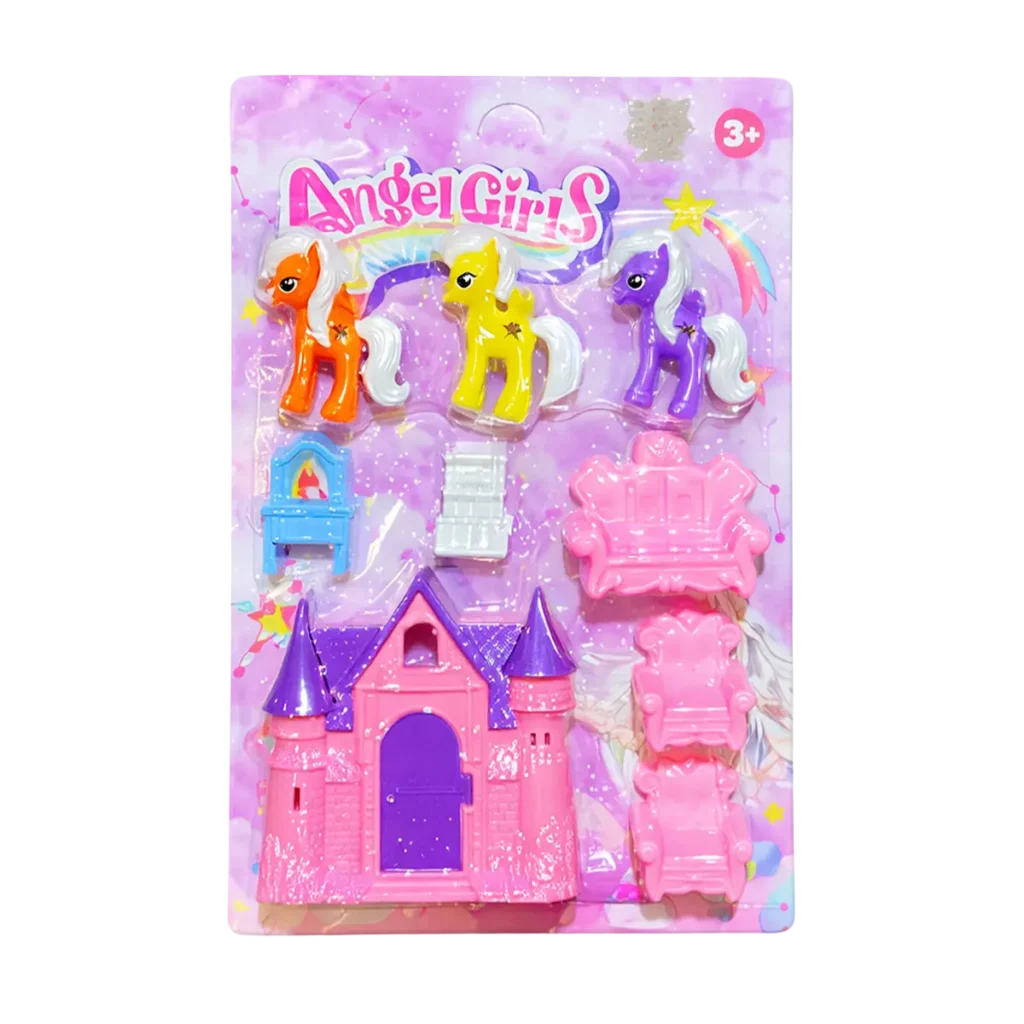 Angel Girls pony playset in blister packaging with three colorful ponies, pink castle, and furniture accessories on a pastel purple background.