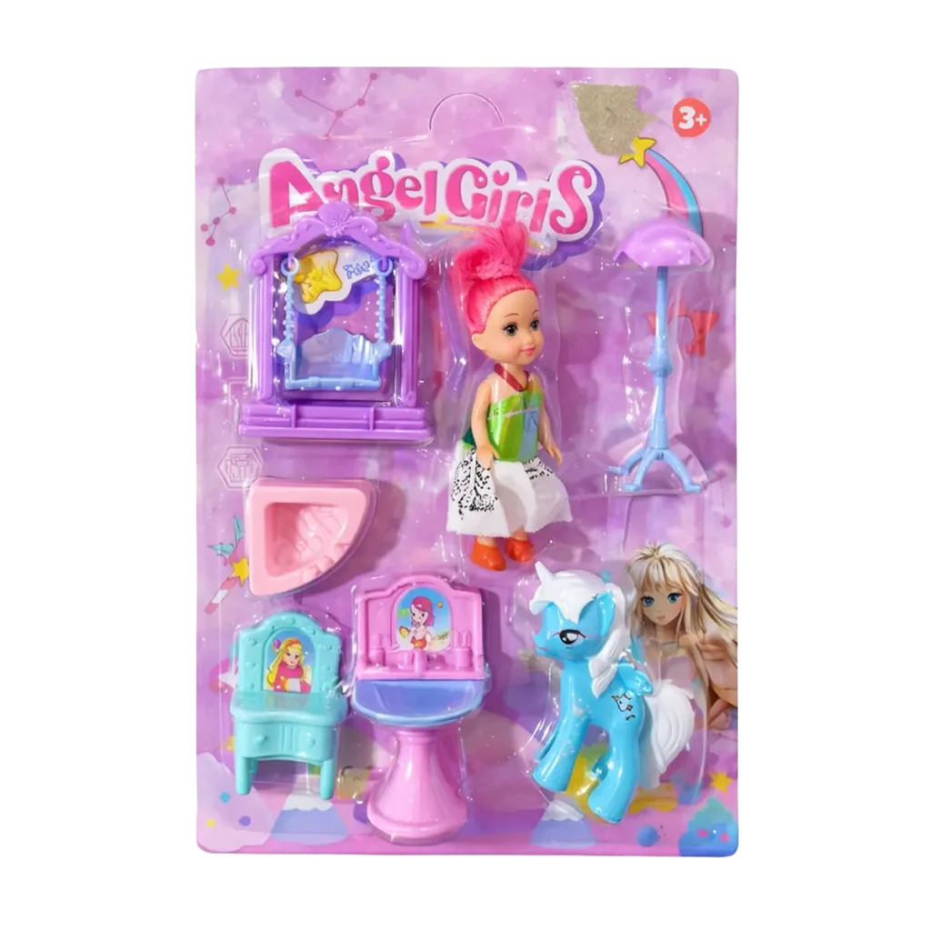 Angel Girls doll playset in blister packaging with pink-haired doll, unicorn figure, vanity, chair, and accessories on a pastel purple background.