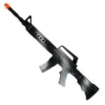 Black police toy rifle with orange safety tip, plastic roleplay toy gun.