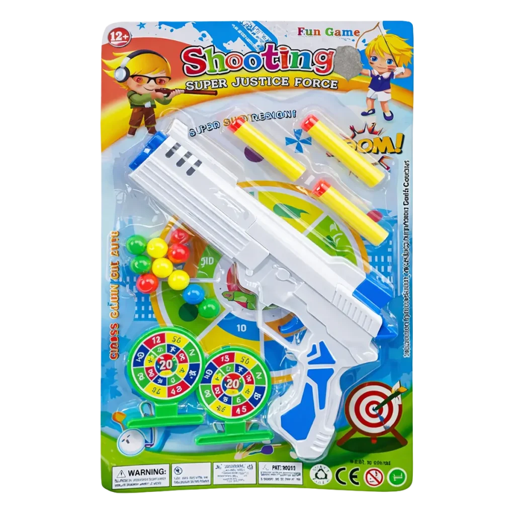 Shooting Target Practice toy set with toy gun, foam darts, colorful balls, and target boards on blister packaging.