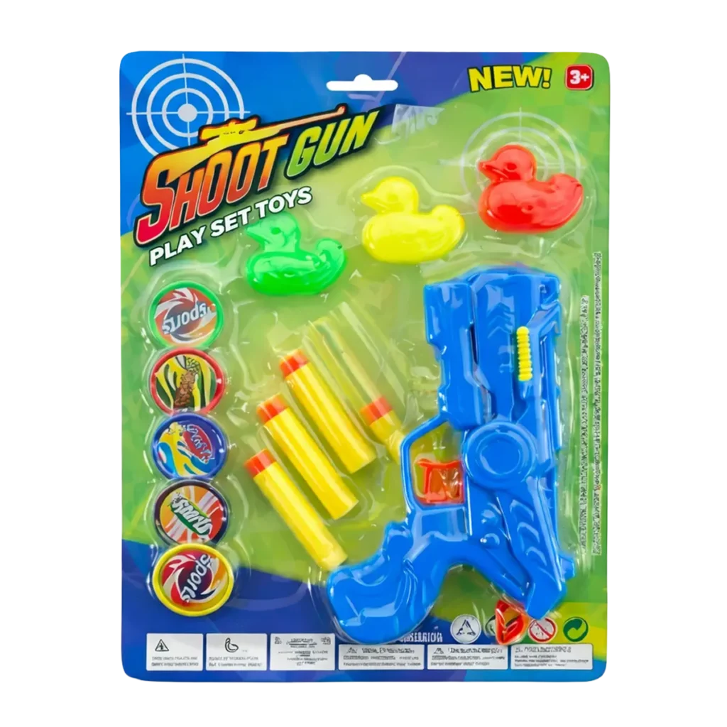Shoot Gun play set toy with foam dart gun, three duck targets, foam darts, and target discs in colorful retail blister packaging labeled “PLAY SET TOYS”.