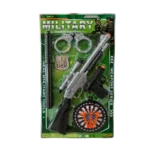 Military toy playset with toy rifle, pistol, handcuffs, badge, baton and dartboard target with suction darts in green blister packaging.