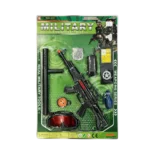 Military toy playset with toy rifle, baton, goggles, compass, walkie-talkie and accessories in green blister packaging.