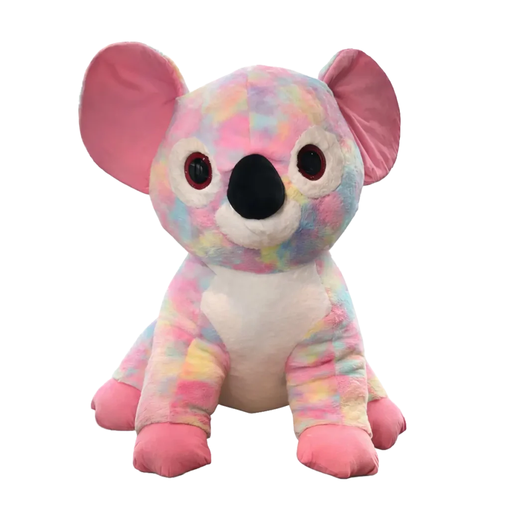 Colorful pastel plush koala with pink ears, pink paws, and white belly, sitting upright on a clean white background.