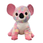 Colorful pastel plush koala with pink ears, pink paws, and white belly, sitting upright on a clean white background.