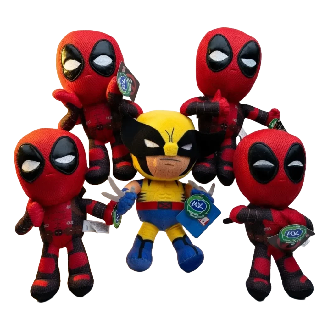 Marvel plush assortment featuring Deadpool and Wolverine plush toys arranged together on a white background.