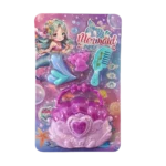 Mermaid-themed toy set in colorful blister packaging with purple seashell purse, blue comb, and pink accessories on a pastel underwater background