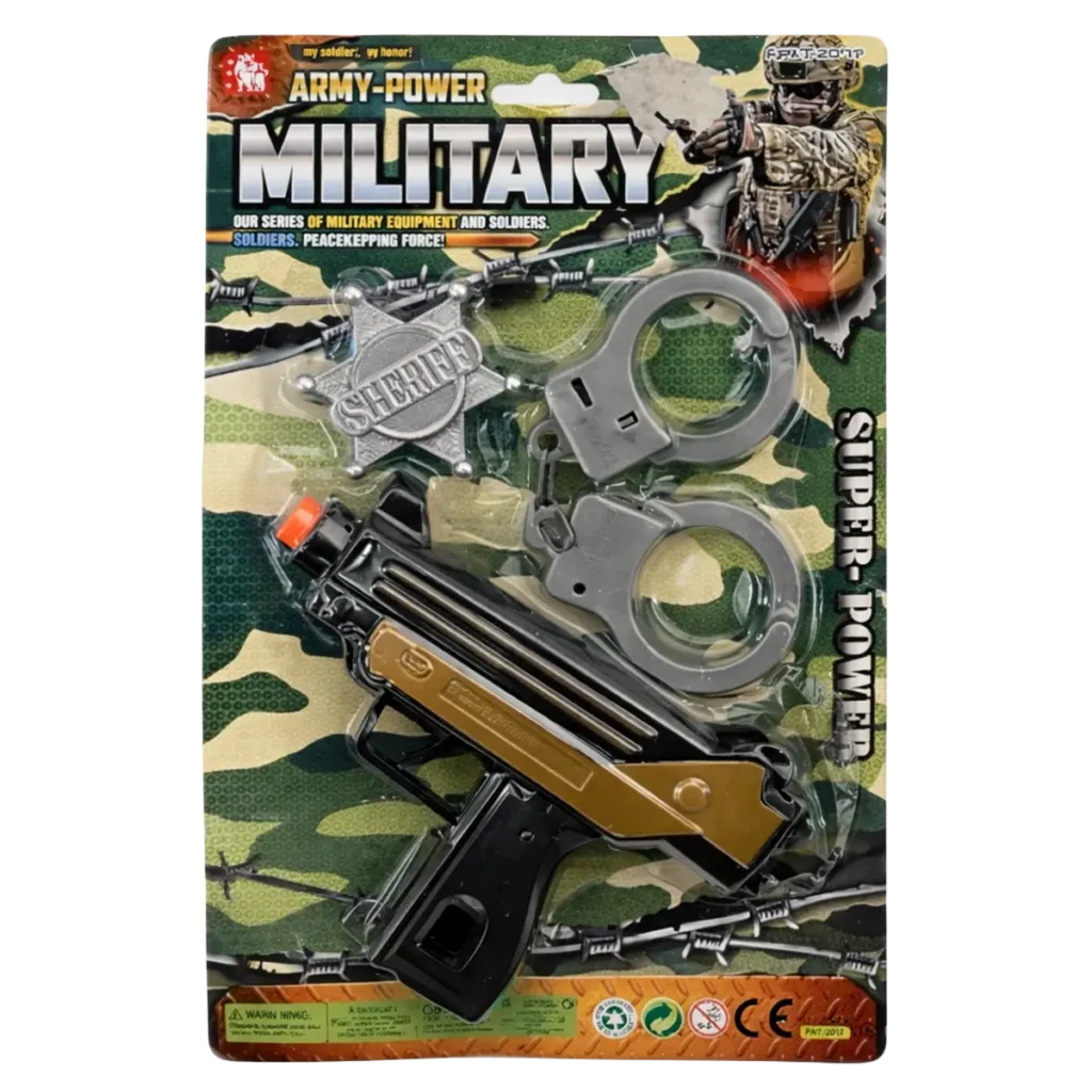 Army Power Military toy set with plastic toy gun, handcuffs, and sheriff badge in camouflage blister packaging.