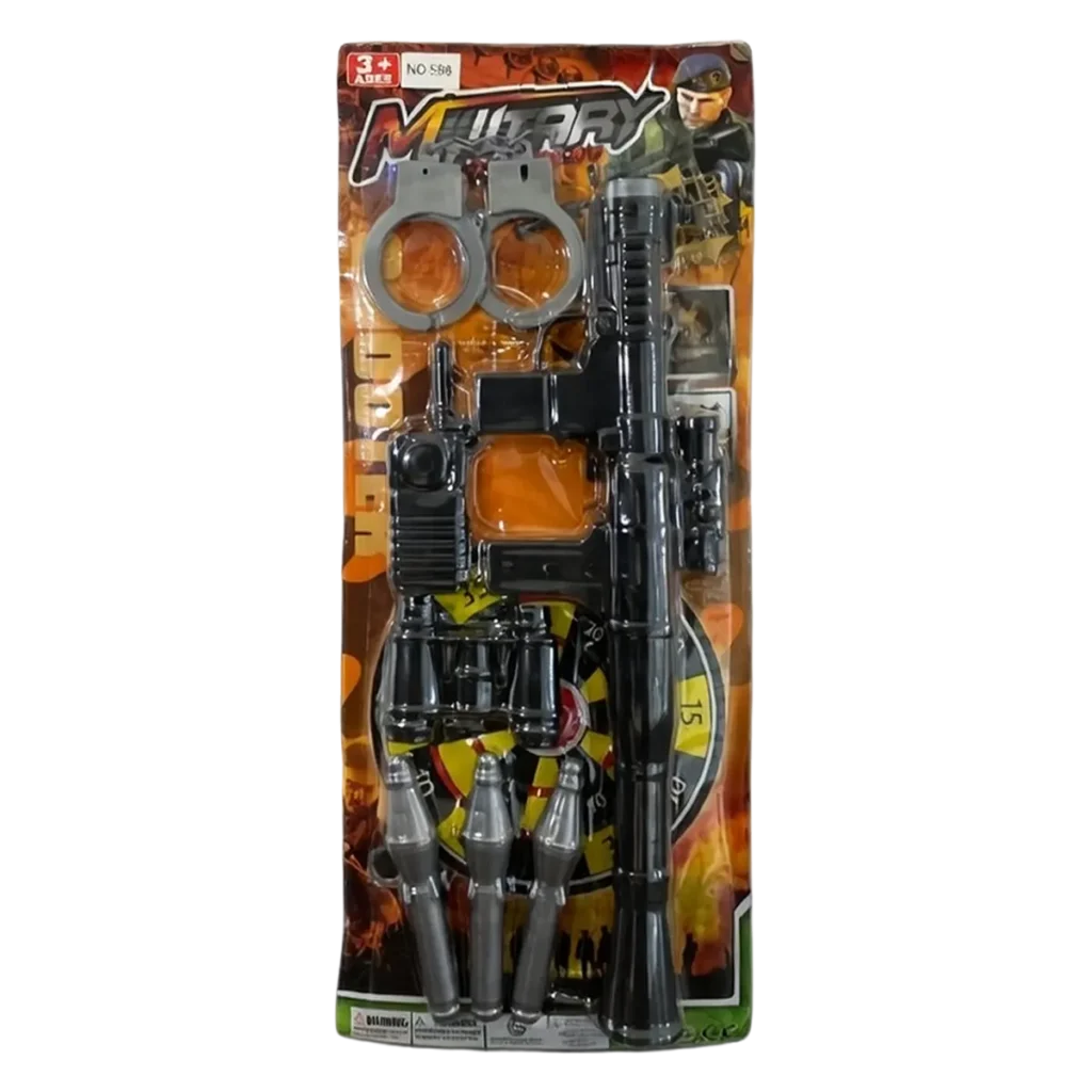 Military toy playset with plastic rifle, handcuffs, walkie-talkie, binoculars, darts, and target board on blister packaging.