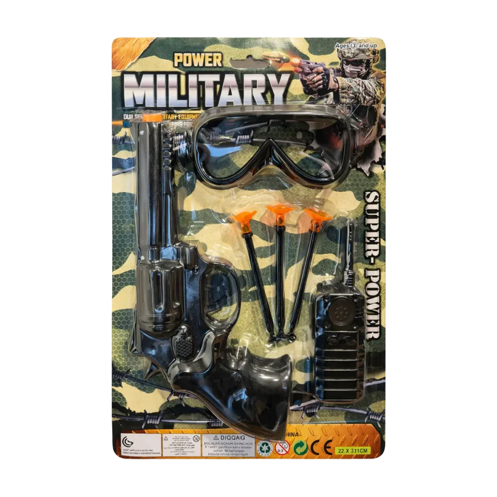 Military toy playset with plastic revolver, suction darts, goggles and toy walkie-talkie in camouflage blister packaging.