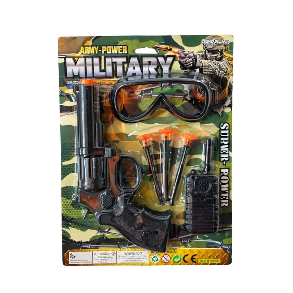 Children’s military-themed toy set in camouflage blister packaging, including a black toy revolver, orange suction darts, protective goggles, and a toy walkie-talkie.