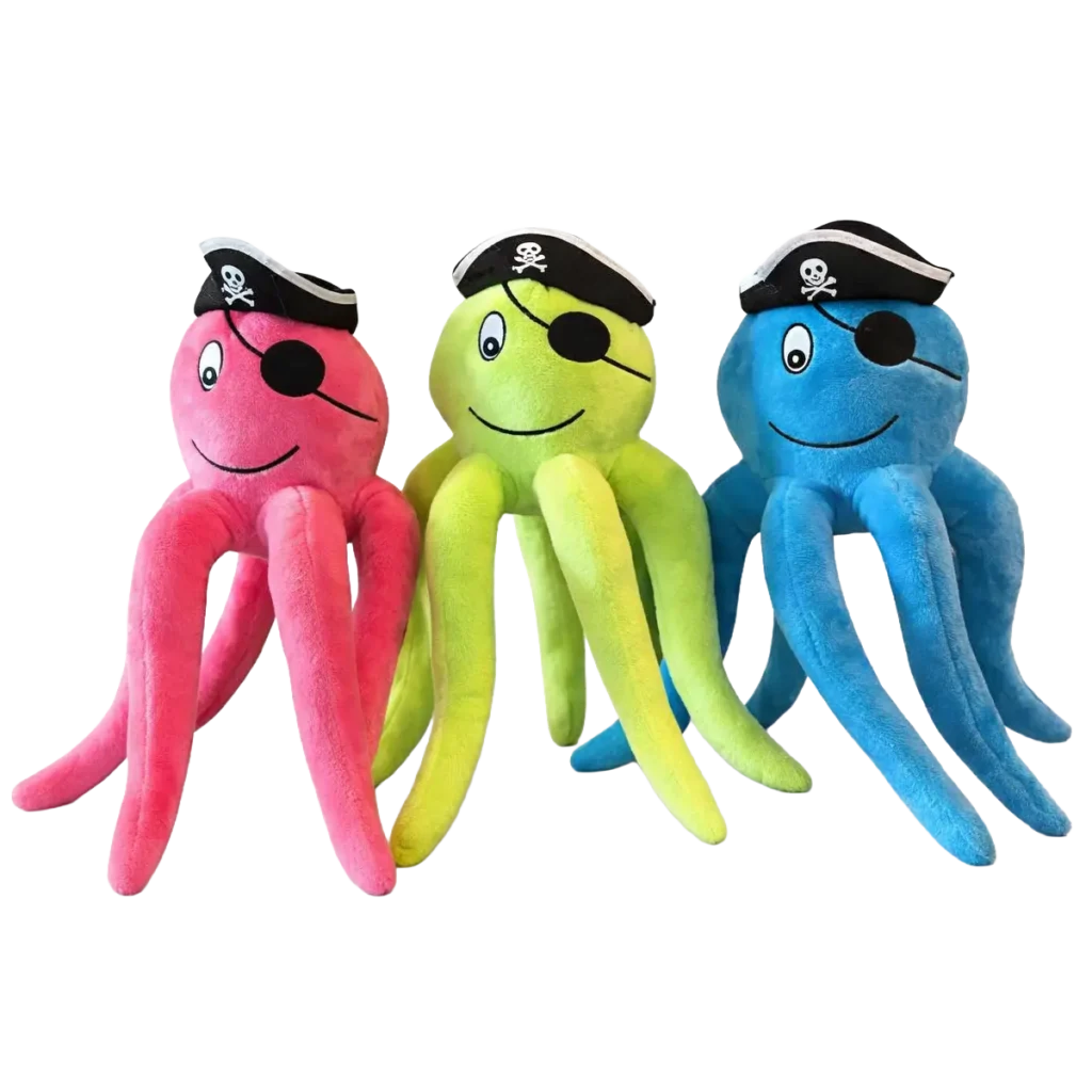 Colorful pirate octopus plush toys in pink, green and blue with eyepatch and pirate hat on white background