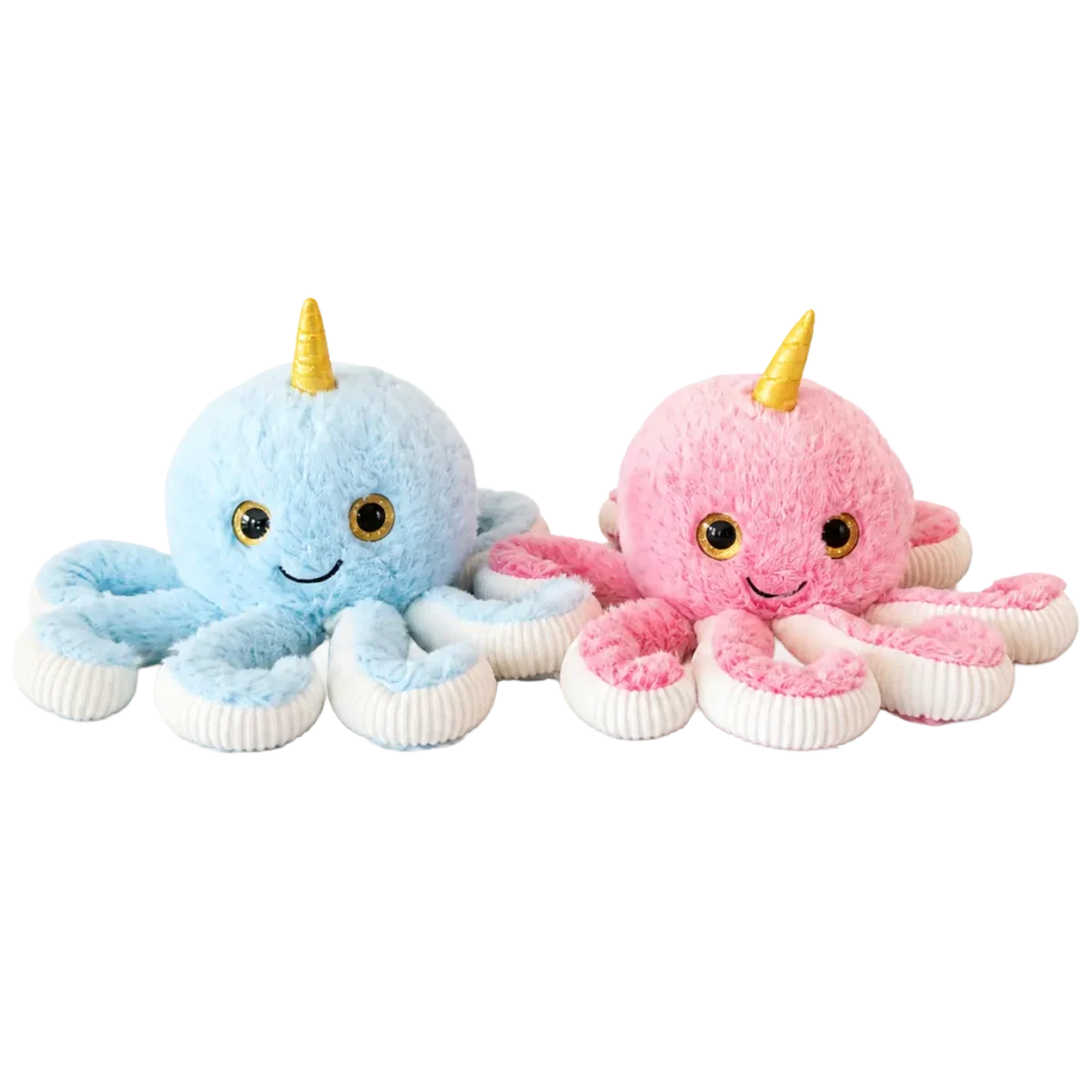 Blue and pink octopus unicorn plush toys with golden horns displayed together on white background