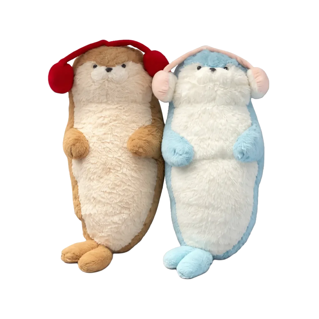 Two plush otter toys in brown and blue colors with earmuffs, standing upright side by side on a white background.
