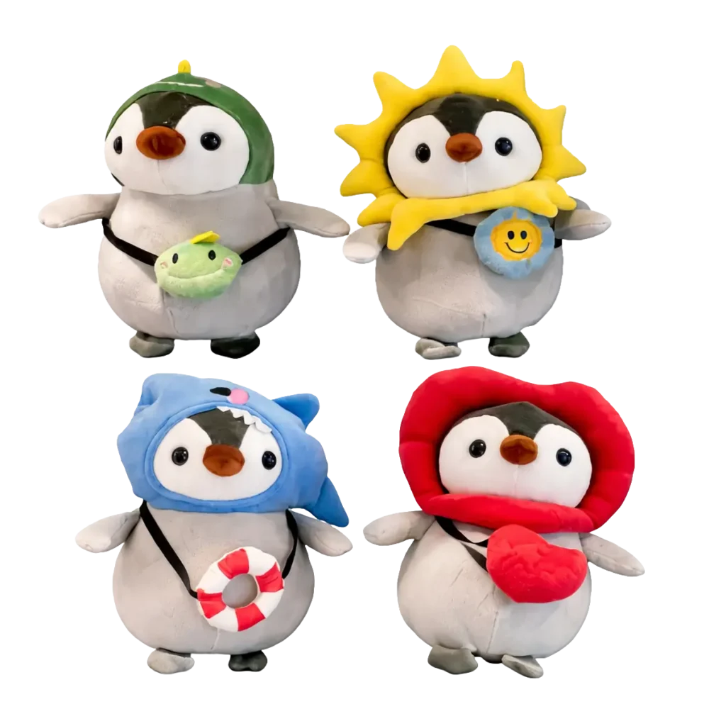 Four plush penguin toys in different themed outfits arranged in two rows, including frog bag, sun costume, shark hoodie, and red hood, on a white background.