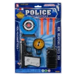 Police toy set with toy pistol, target, suction cup darts, compass, and walkie-talkie on blister packaging.