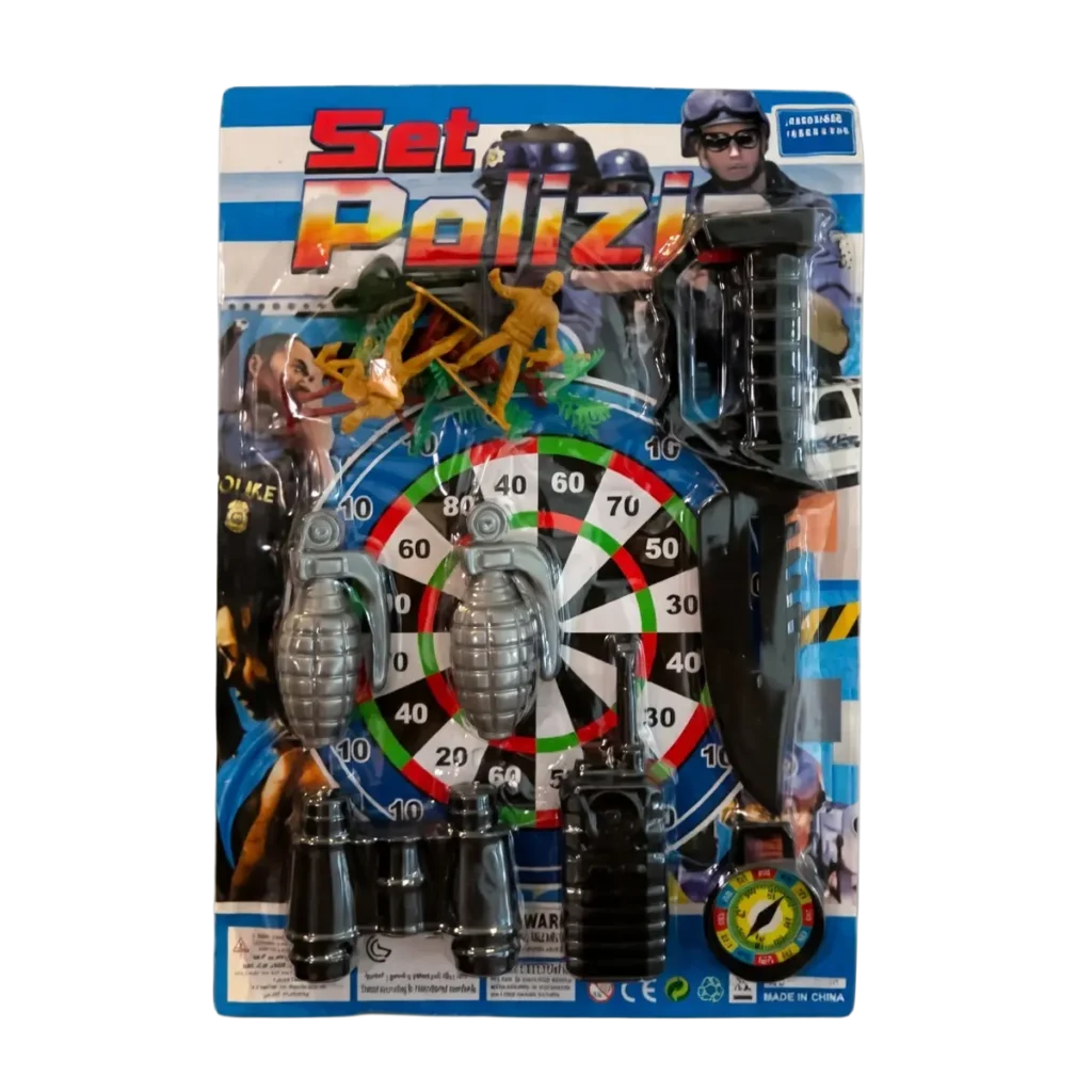 Police toy set with toy pistol, grenades, binoculars, and target board on blister packaging.